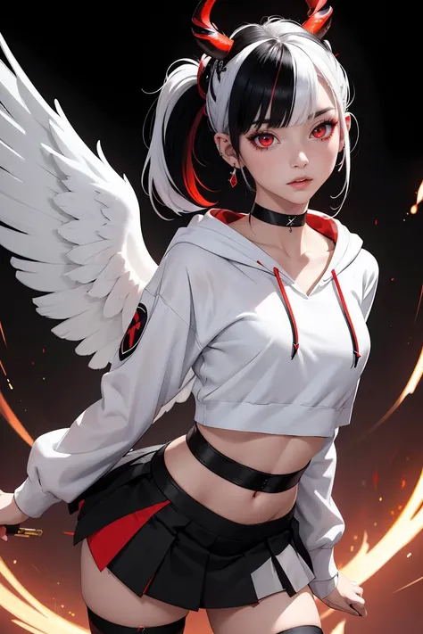 (masterpiece, best quality), 1girl, <lora:kayoko_scarxzys:0.8> kayoko, red eyes, black hair, white hair, hair between eyes, multicolored hair, two-tone hair, black ponytail, ear piercing, demon horns, halo, horns, wings, low wings, single wing, two-tone hair, choker,  black hoodie, mini skirt, pleated skirt, red skirt,