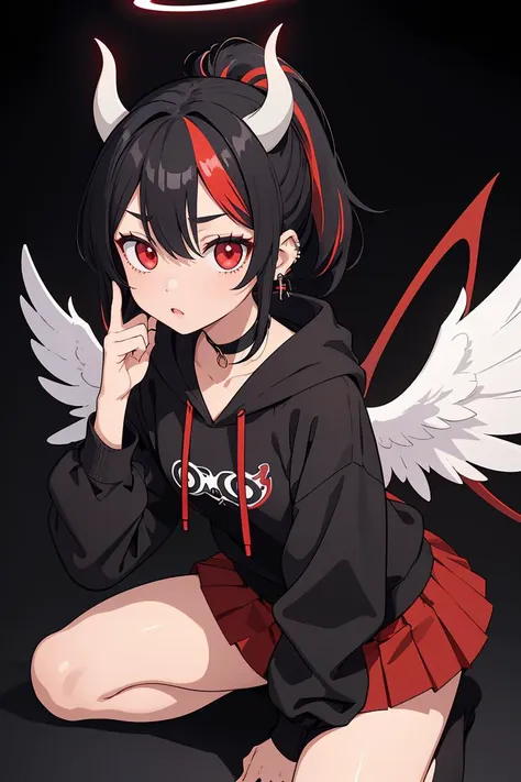 (masterpiece, best quality), 1girl, <lora:kayoko_scarxzys:0.8> kayoko, red eyes, black hair, white hair, hair between eyes, multicolored hair, two-tone hair, black ponytail, ear piercing, demon horns, halo, horns, wings, low wings, single wing, two-tone hair, choker,  black hoodie, mini skirt, pleated skirt, red skirt,