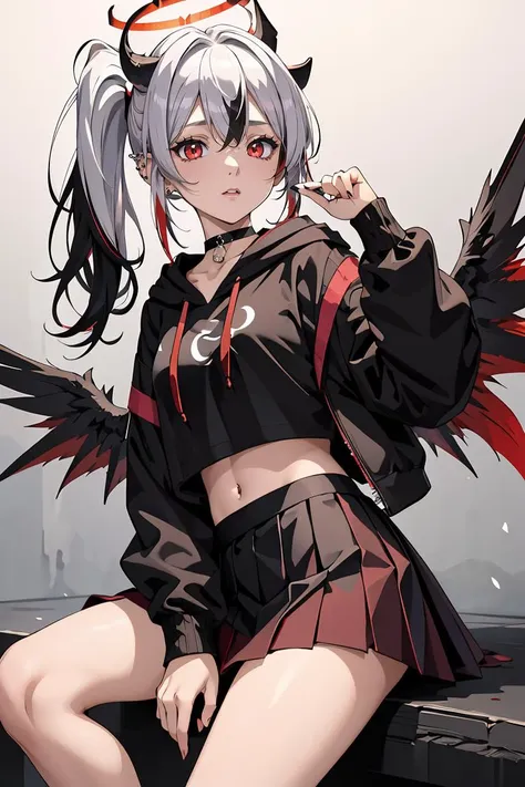 (masterpiece, best quality), 1girl, <lora:kayoko_scarxzys:0.8> kayoko, red eyes, black hair, white hair, hair between eyes, multicolored hair, two-tone hair, black ponytail, ear piercing, demon horns, halo, horns, wings, low wings, single wing, two-tone hair, choker,  black hoodie, mini skirt, pleated skirt, red skirt,