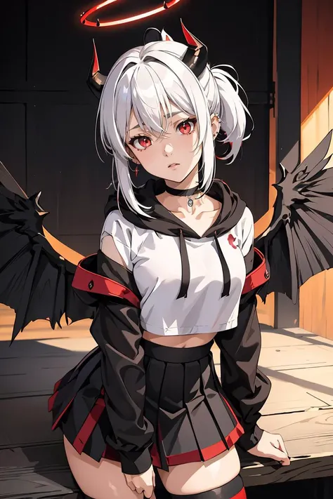 (masterpiece, best quality), 1girl, <lora:kayoko_scarxzys:0.8> kayoko, red eyes, black hair, white hair, hair between eyes, multicolored hair, two-tone hair, black ponytail, ear piercing, demon horns, halo, horns, wings, low wings, single wing, two-tone hair, choker, black hoodie, mini skirt, pleated skirt, red skirt,