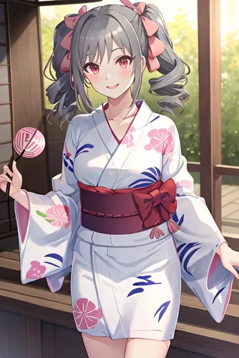 best quality, masterpiece, highres, solo, {yukata:1.40}, {kimono:1.20}, {kanzaki_ranko_idolmastercinderellagirls:1.15}, grey_hair, red_eyes, long_hair, twintails, drill_hair, twin_drills, smile, ribbon, blush, hair_ribbon, breasts