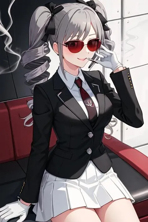 best quality, masterpiece, highres, solo, {black business suit:1.40}, {tie:1.20}, {sunglasses:1.25}, {white gloves:1.15}, {white shirt:1.10}, {black skirt:1.15}, {smoking:1.20}, handsome, {kanzaki_ranko_idolmastercinderellagirls:1.15}, grey_hair, red_eyes, long_hair, twintails, drill_hair, twin_drills, smile, ribbon, blush, hair_ribbon, breasts