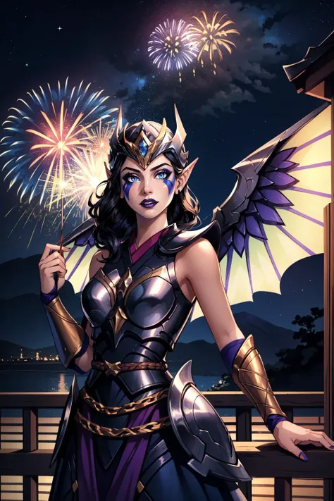 (masterpiece, best quality),  intricate details,
1girl,    <lora:VictoriousMorgana:0.8> victmorgana, black hair, blue eyes, pointy ears, purple lips, makeup, facial mark, armor, bare shoulders, dress, helmet, lipstick, wings, 
outdoors, japanese village, night, fireworks, starry sky,