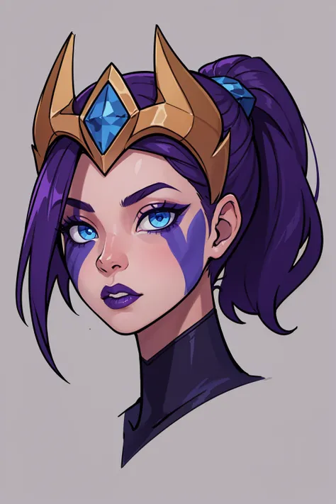 masterpiece, best quality, 1girl, victmorgana, purple hair, ponytail, blue eyes,  glowing eyes, purple lips, hair over one eye, makeup, facial mark, closeup, sketch, solo, simple background<lora:VictoriousMorgana:1>