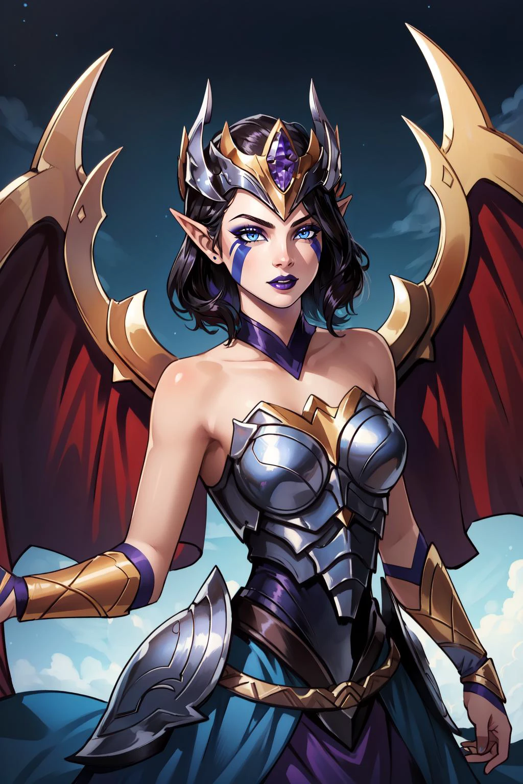 (masterpiece, best quality), intricate details,
1girl, <lora:VictoriousMorgana:0.8> victmorgana, black hair, blue eyes, pointy ears, purple lips, makeup, facial mark, armor, bare shoulders, dress, helmet, lipstick, wings,
<lora:Msgk_face:1>