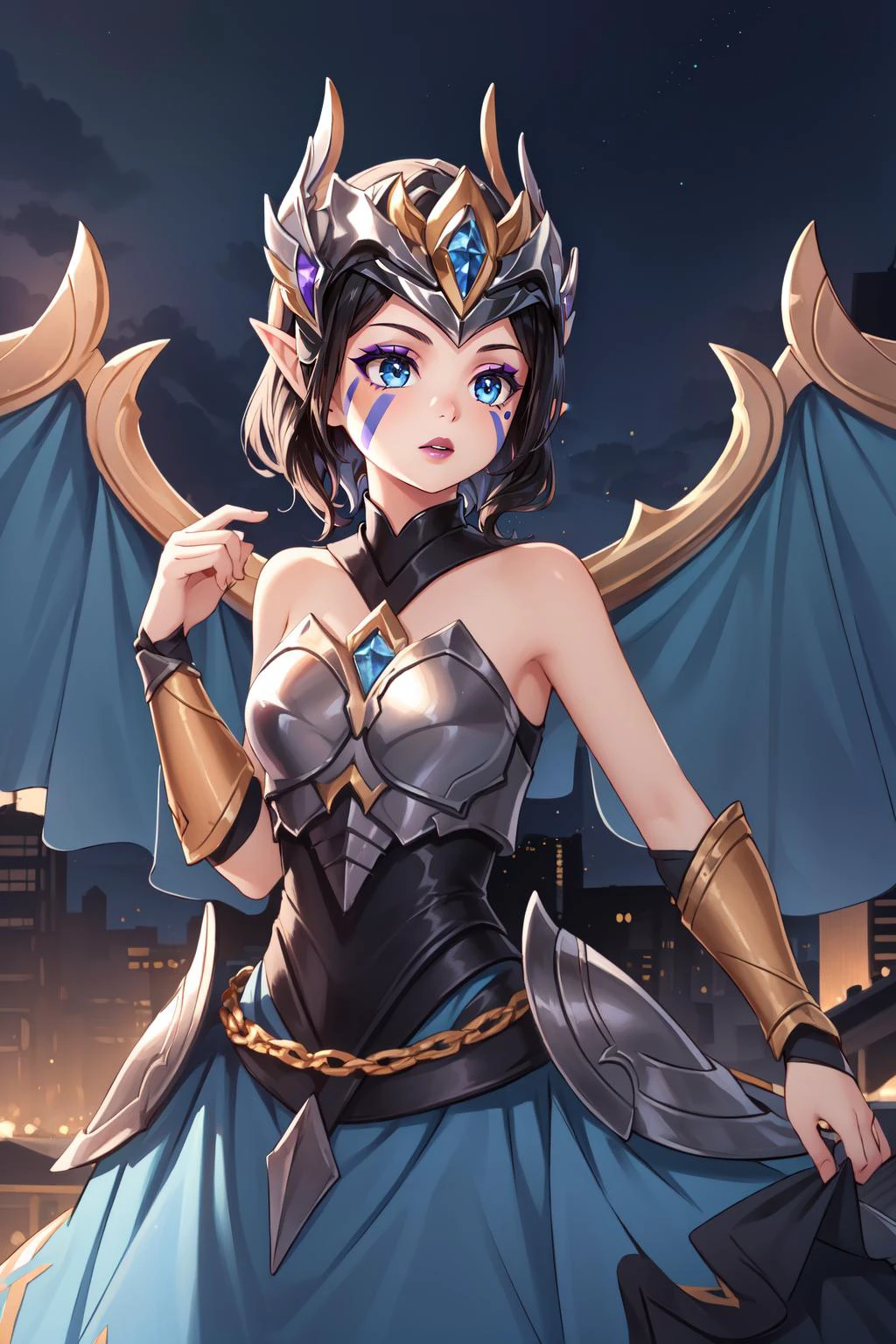 (masterpiece, best quality), intricate details,
1girl, <lora:VictoriousMorgana:0.8> victmorgana, black hair, blue eyes, pointy ears, purple lips, makeup, facial mark, armor, bare shoulders, dress, helmet, lipstick, wings,