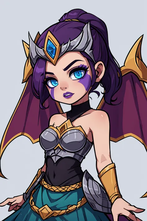masterpiece, best quality, 1girl, victmorgana, purple hair, ponytail, blue eyes, glowing eyes, purple lips, hair over one eye, makeup, facial mark,armor, bare shoulders, dress, helmet, wings, armored dress, solo, simple background, chibi <lora:maplestory_LoCon:0.8> <lora:VictoriousMorgana:1>