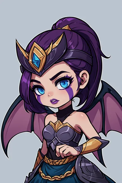 masterpiece, best quality, 1girl, victmorgana, purple hair, ponytail, blue eyes,  glowing eyes, purple lips, hair over one eye, makeup, facial mark,armor, bare shoulders, dress, helmet, wings, armored dress,  solo, simple background, chibi <lora:maplestory_LoCon:0.8>  <lora:VictoriousMorgana:1>