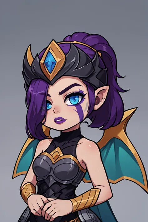 masterpiece, best quality, 1girl, victmorgana, purple hair, ponytail, blue eyes,  glowing eyes, purple lips, hair over one eye, makeup, facial mark,armor, bare shoulders, dress, helmet, wings, armored dress,  solo, simple background, chibi <lora:maplestory_LoCon:0.8>  <lora:VictoriousMorgana:1>