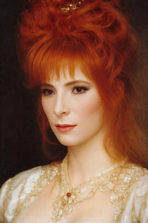 <lora:Mylene_Farmer:1>, ginger woman, close-up portrait, in the halls of the Hermitage, Russian of the 19th century, silky skin, full body height, (skin texture:1.2), (high detailed skin:1.3), 19th century, ambient haze, (hyperrealism), cinematic, grain of old film, 8k uhd, dslr, retro color