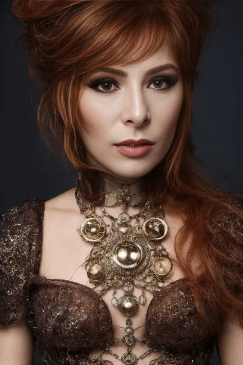 <lora:Mylene_Farmer:1>, ginger woman, <lora:rmadart3NoiseoffsetSD1_v10:2>, Biomechanical hacker - shaman of the sisterhood of cables wearing cable - dress made of cables with biomechanical filigree, super haute couture highly detailed eye, highly detailed lips, highly detailed skin, bokeh, lenseflare, by Emil Melmoth, Marcin Nagraba, Rebecca Millen, shot with Hasselblad X1D - 50c