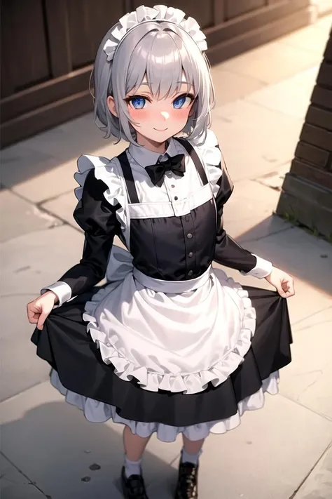 masterpiece, best quality,<lora:SaikaTotsuka-10:0.7> ,saika, solo, looking at viewer, blush, smile, short hair, blue eyes, 1boy, jacket, grey hair, male focus, (maid dress), full body
