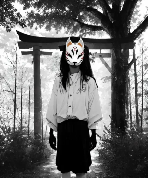 shadow,anbu,1girl,medium hair,brown hair,standing,torii,solo,<lora:anbu_mask-09:1>,<lora:shadow_lora-10:2>,