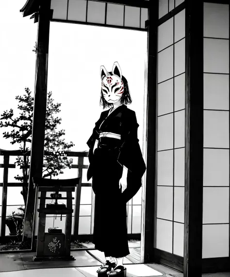 monochrome,anbu,1girl,medium hair,black hair,japanese clothes,kimono,standing,torii,solo,<lora:anbu_mask-09:1>,<lora:Ghoul style:0.8>,