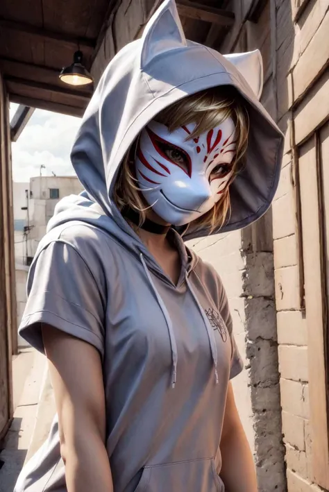 Beautiful Lighting, (1girl:blonde hair), (real skin), <lora:Tool - Detail up:1>, <lora:y:1>,
(outdoors, alley:1.3), dynamic angle,
<lora:anbu_mask:1>, anbu, hoodie, black choker, short sleeves, upper body, hood up, short hair,