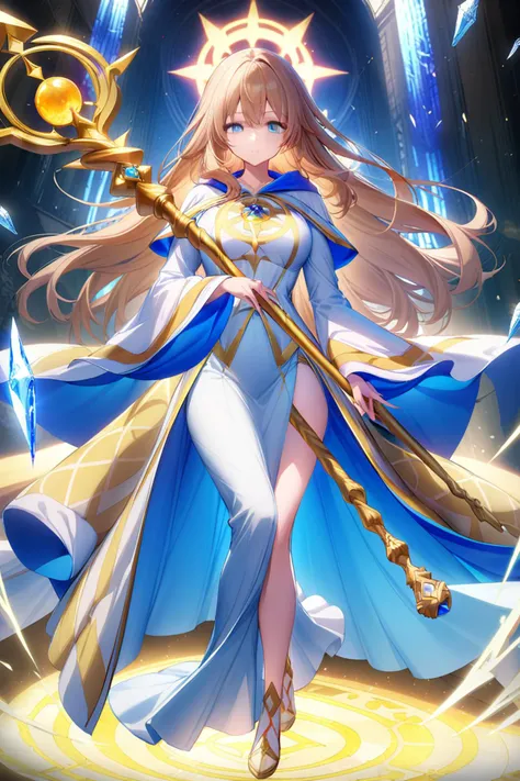 tachi-e,<lora:Sakimichan_style_XL_v1-000150:0.7>,
Girl, full body, smooth hair, golden brown hair, long hair, blue eyes, white wizard robe, golden sun pattern on the robe, light power, staff, holding staff, crystal staff, peaceful and sacred, Light Priestness or Astrologer,best quality,amazing quality,very aesthetic,absurdres