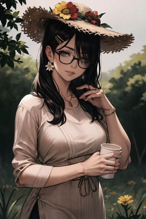 perfect face, detailed eyes, best quality, (mature milf woman, realistic:1.3), solo, shell, flower, hat, hair ornament, jewelry, straw hat, looking at the audience, sunglasses, hat flower, drinking grass, hair clip, earrings, tinted glasses, yellow flower, bangs, black hair, cup, long hair, black tinted glasses, portrait, seashell hair ornament