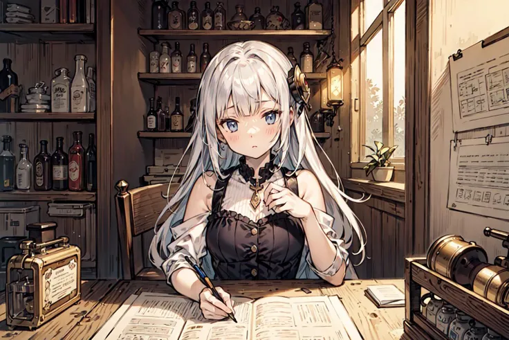 (best quality), girl,(ultra-detailed), (highly detailed CG illustration), ((an extremely delicate and beautiful)),(expressionless),cinematic light,alchemist,factory