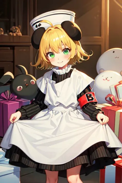 piyoko, 1girl, blonde hair, solo, short hair, dress, looking at viewer, hat, long sleeves, ahoge, green eyes, white apron, armband, striped dress,
blush, closed mouth, looking at viewer, skirt hold, smile, solo, standing, box, gift, gift box, stuffed animal, stuffed rabbit, stuffed toy
<lora:di-gi-charat-v1.0b:0.9>