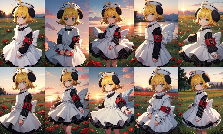 piyoko, 1girl, blonde hair, solo, short hair, dress, looking at viewer, hat, long sleeves, ahoge, green eyes, white apron, armband, striped dress,
sunset, grass, red flower, looking at viewer, cowboy shot, outdoors, wind,
<lora:di-gi-charat-v1.0b:0.95>