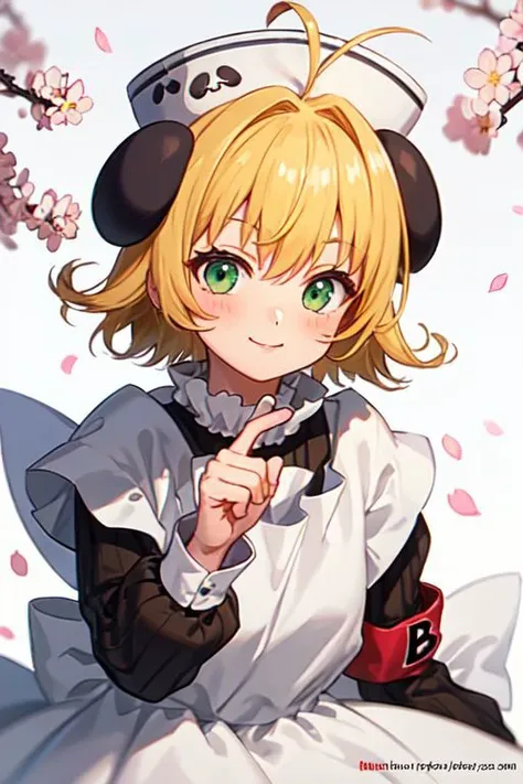 piyoko, 1girl, blonde hair, solo, short hair, dress, looking at viewer, hat, long sleeves, ahoge, green eyes, white apron, armband, striped dress,
blush, closed mouth, leaning forward, looking at viewer, smile, solo, blurry, blurry foreground, brown background, cherry blossoms, depth of field, flower, petals, simple background, upper body, watermark, web address, white flower
<lora:di-gi-charat-v1.0b:0.9>