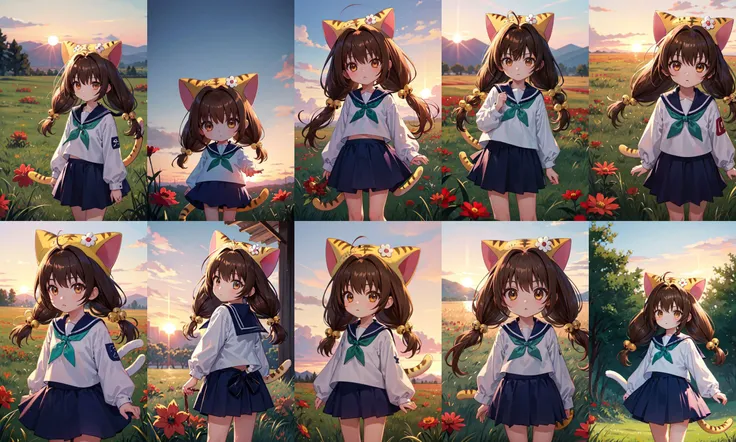 puchiko, 1girl, solo, brown hair, brown eyes, tail, hat, long hair, serafuku, chibi, twintails, bell, hair ornament, animal hat, cat ears, blue skirt,
sunset, grass, red flower, looking at viewer, cowboy shot, outdoors, wind,
 <lora:di-gi-charat-v1.0b:0.95>