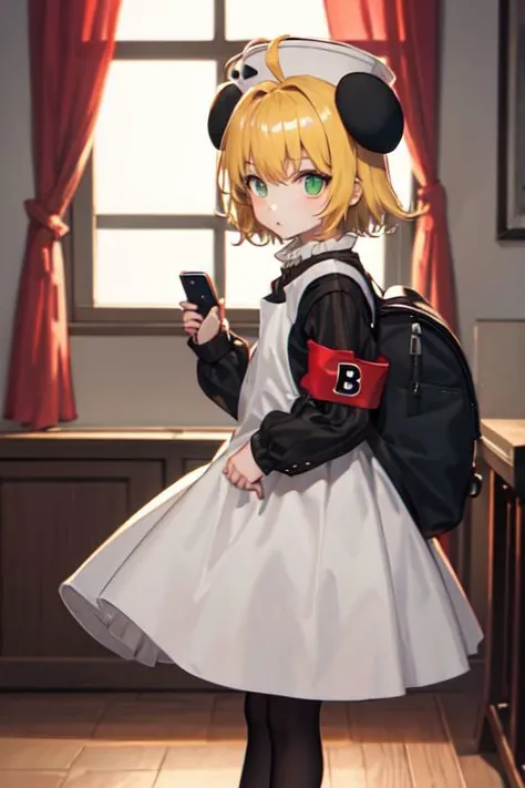 piyoko, 1girl, blonde hair, solo, short hair, dress, looking at viewer, hat, long sleeves, ahoge, green eyes, white apron, armband, striped dress,
animal on arm, backpack, cellphone, holding, holding bag, holding phone, solo, curtains, feet out of frame, from side, game controller, indoors, notice lines, window
<lora:di-gi-charat-v1.0b:0.9>