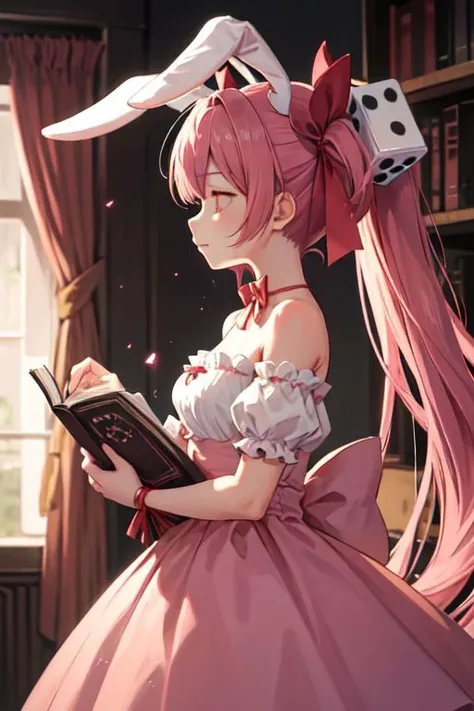 usada, 1girl, solo, long hair, rabbit ears, twintails, pink hair, dice hair ornament, pink ribbon, pink bow, bare shoulders, pink dress, red eyes, heart,
closed eyes, closed mouth, holding, holding umbrella, profile, solo, book, indoors, striped
<lora:di-gi-charat-v1.0b:0.9>