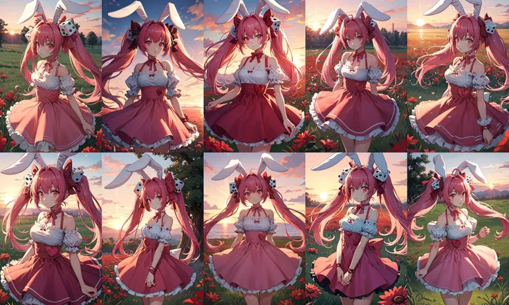 usada, 1girl, solo, long hair, rabbit ears, twintails, pink hair, dice hair ornament, pink ribbon, pink bow, bare shoulders, pink dress, red eyes, heart,
sunset, grass, red flower, looking at viewer, cowboy shot, outdoors, wind,
<lora:di-gi-charat-v1.0b:0.95>