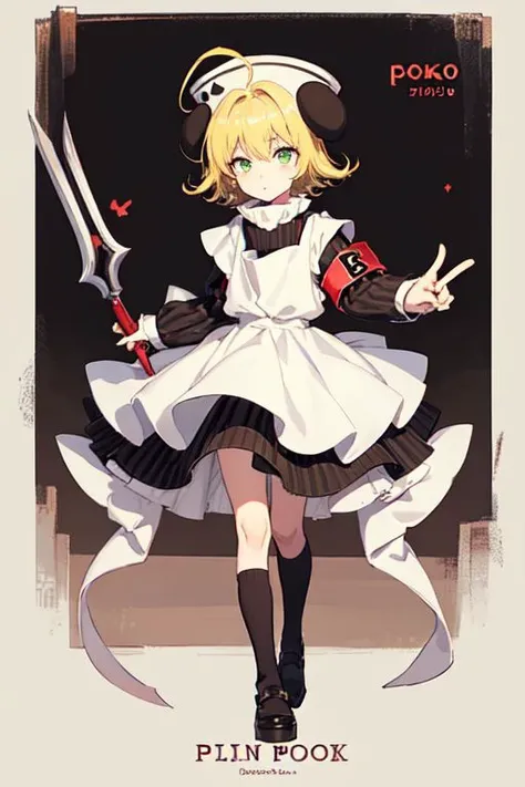 piyoko, 1girl, blonde hair, solo, short hair, dress, looking at viewer, hat, long sleeves, ahoge, green eyes, white apron, armband, striped dress,
index finger raised, looking at viewer, solo, artist name, club (weapon), full body, spiked club
<lora:di-gi-charat-v1.0b:0.85>