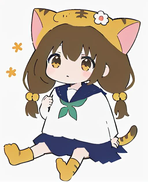 puchiko, 1girl, solo, brown hair, brown eyes, tail, hat, long hair, serafuku, chibi, twintails, bell, hair ornament, animal hat, cat ears, blue skirt, head_tilt, sitting, polka_dot_background <lora:di-gi-charat-v1.0b:0.95>