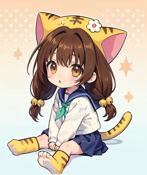 puchiko, 1girl, solo, brown hair, brown eyes, tail, hat, long hair, serafuku, chibi, twintails, bell, hair ornament, animal hat, cat ears, blue skirt, head_tilt, sitting, polka_dot_background <lora:di-gi-charat-v1.0b:0.95>