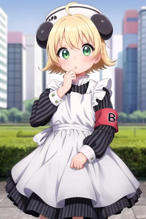 masterpiece, best quality,ultra detail,<lora:GoodHands-vanilla:0.8> <lora:anmnr01:0.3> <lora:add_detail:0.5>,1girl, putite,<lora:di-gi-charat-v1.0b:0.7>,piyoko, 1girl, blonde hair, solo, short hair, dress, looking at viewer, hat, long sleeves, ahoge, green eyes, white apron, armband, striped dress,,japan,city,stylish pose