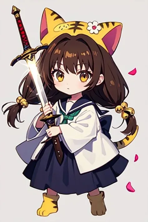 puchiko, 1girl, solo, brown hair, brown eyes, tail, hat, long hair, serafuku, chibi, twintails, bell, hair ornament, animal hat, cat ears, blue skirt,
gunblade, holding, holding sword, holding weapon, looking at viewer, solo, sword, weapon, bed sheet, flower, petals, rose, striped
<lora:di-gi-charat-v1.0b:0.9>