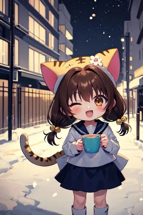 puchiko, 1girl, solo, brown hair, brown eyes, tail, hat, long hair, serafuku, chibi, twintails, bell, hair ornament, animal hat, cat ears, blue skirt, 
;d, blush, looking at viewer, one eye closed, open mouth, smile, solo, thank you, v, car, coffee cup, cup, disposable cup, fence, motor vehicle, night, outdoors, snow, tree
 <lora:di-gi-charat-v1.0b:0.9>