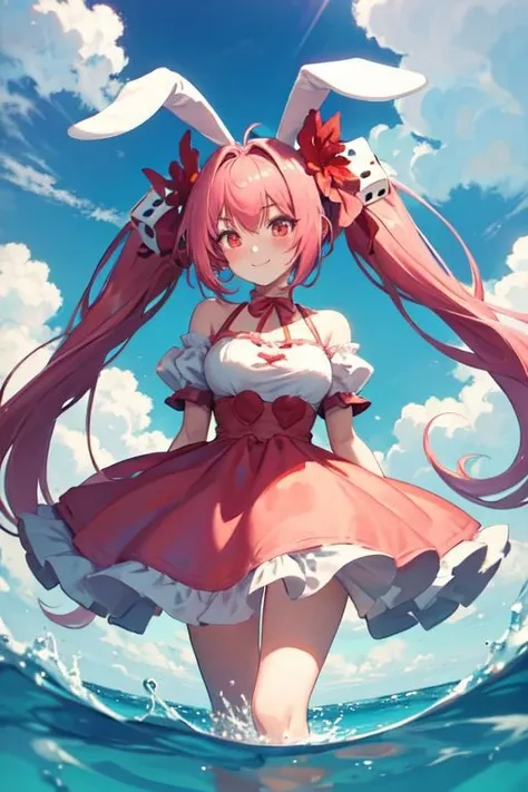 masterpiece, highest quality, Super detailed, figure, azalea, cute, girl, alone, smile, azalea, Pink Hair, Blue hair, Twin tails、Bunny ears、Headdress、Small 、are sticking out of the bra、Nipples、petankko、From below、Dazed face、Fatty face、Peeing、No gaps in the front hair、セックス、真っ裸、マンコ、ワレメ