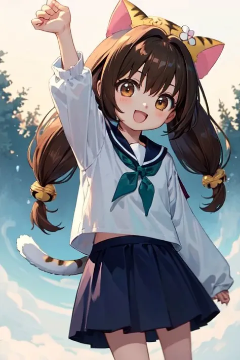 puchiko, 1girl, solo, brown hair, brown eyes, tail, hat, long hair, serafuku, chibi, twintails, bell, hair ornament, animal hat, cat ears, blue skirt,
:d, arm up, looking at viewer, smile, solo, dutch angle
<lora:di-gi-charat-v1.0b:0.95>