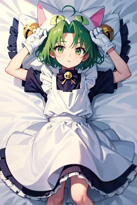 dejiko, 1girl, solo, green hair, short hair, green eyes, jingle bell, hair ornament, animal hat, cat ears, cat hat, gloves, white apron, blue dress,
arms up, solo, weapon, bed sheet, diagonal stripes, feet out of frame, pillow, striped
<lora:di-gi-charat-v1.0b:0.85>