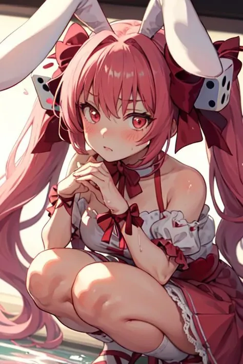 usada, 1girl, solo, long hair, rabbit ears, twintails, pink hair, dice hair ornament, pink ribbon, pink bow, bare shoulders, pink dress, red eyes, heart,
blush, head on hand, looking at viewer, solo, squatting, close-up, portrait, wet
<lora:di-gi-charat-v1.0b:0.9>