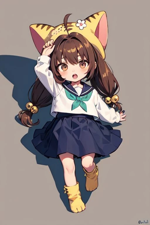 puchiko, 1girl, solo, brown hair, brown eyes, tail, hat, long hair, serafuku, chibi, twintails, bell, hair ornament, animal hat, cat ears, blue skirt,
adjusting hair, blush, on bed, open mouth, solo, black butterfly, bug, butterfly, grey background, portrait, simple background, twitter username
<lora:di-gi-charat-v1.0b:0.9>