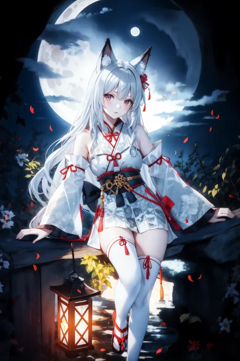 1girl, animal ear fluff, animal ears, bare tree, branch, breasts, cloud, crescent moon, detached sleeves, full moon, in tree, japanese clothes, lantern, leaf, long hair, looking at viewer, moon, moonlight, night, night sky, outdoors, red moon, round window, sky, solo, star \(sky\), starry sky, sun, tail, thighhighs, torii, tree, white hair, white legwear, <lora:HuTao_20230708104003:0.7>