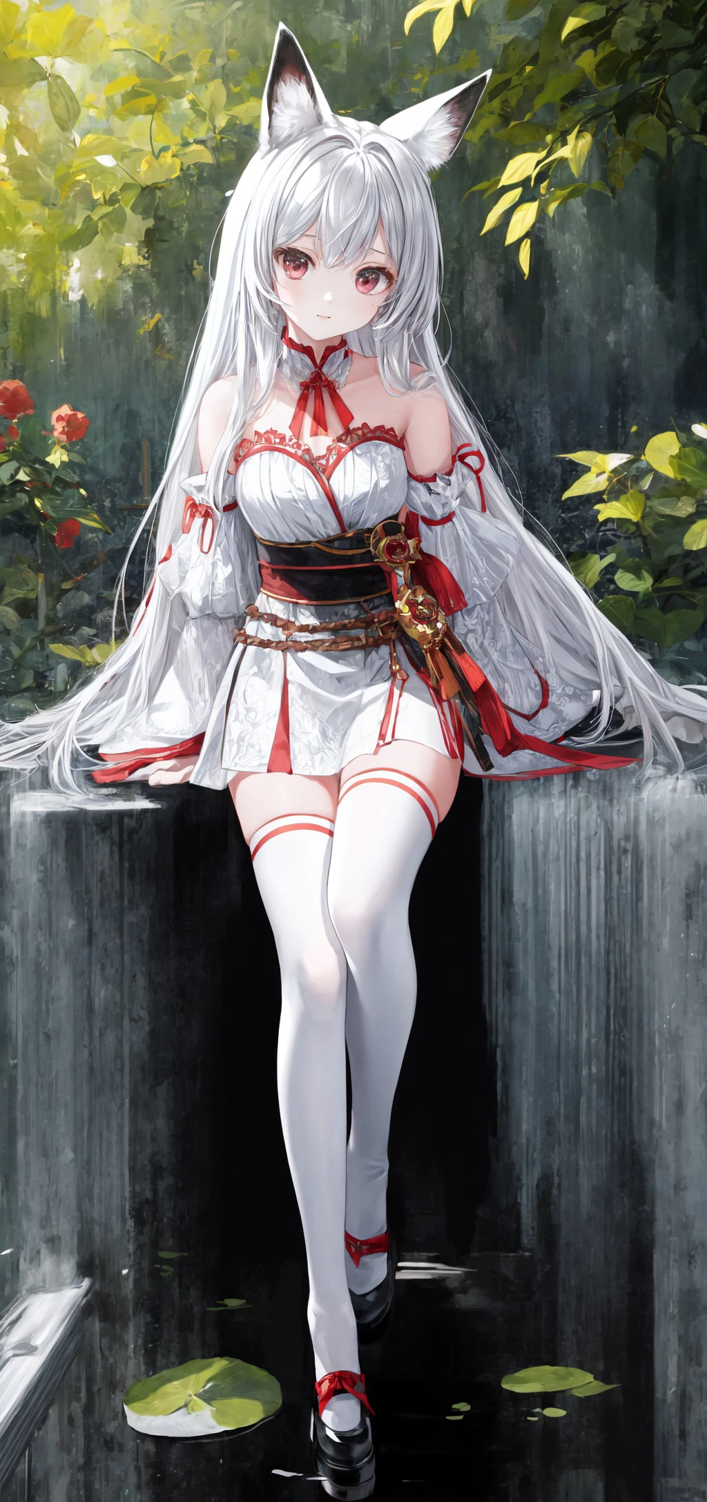 masterpiece,best quality,1girl,solo, full body, <lora:add_detail:0.8>, <lora:HuTao_20230708104003:0.7> 1girl,hutao,silver,white thighhighs,animal ears, detached sleeves,