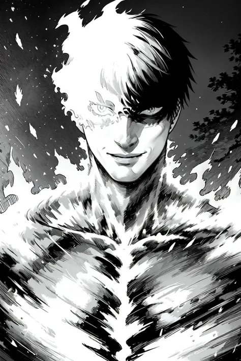 (dark theme:0.6), (anime), (illustration), cartoon, detailed, 1boy, agni, fire, greyscale, looking at viewer, male focus, monochrome, muscular, red hair, shaded face, sideburns, smile, solo <lora:agni:0.55>, (hdr:1.22), muted colors, complex background, hyperdetailed, art [[by jordan grimmer]]