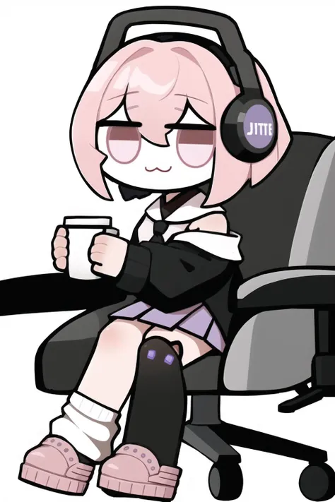 xielian, 1girl, solo, chibi,office chair,sitting, full body,:3,jitome,pink hair, headphones, white background, eyebrows visible through hair, looking at viewer, jacket, sailor collar, simple background, skirt, bangs, off shoulder, pink footwear, pleated skirt, gaming chair, closed mouth, long sleeves, asymmetrical legwear, drill hair, hair between eyes, loose socks, pink eyes, socks, purple eyes, black jacket, black legwear,holding cup,