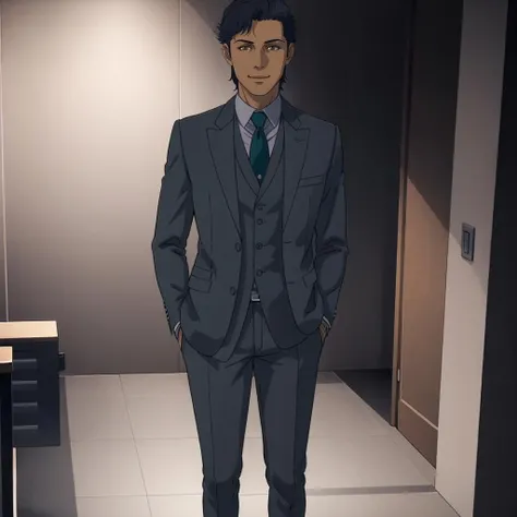 masterpiece,high quality,solo,indoors,
<lora:kennethsleg001:0.7>,looking at viewer, smile,
kennethsleg,1man,
short hair,black hair,brown eyes,
suit,jacket,collared shirt,necktie,vest,
pants,
shoes,