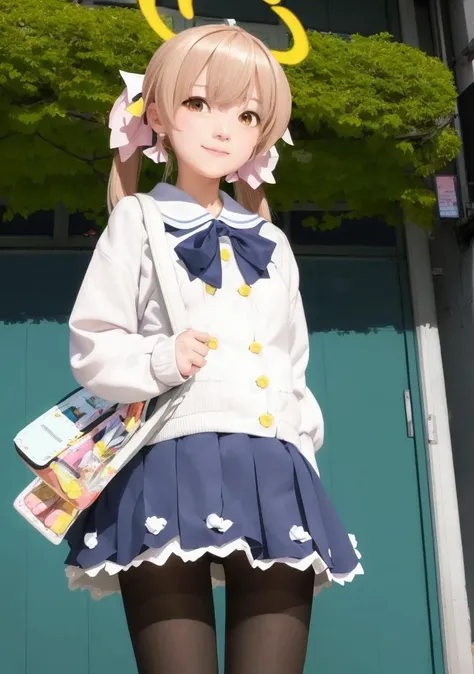 best quality, ultra high res, (photorealistic:1.4), 1girl, [:(detailed face:1.2):0.2], hifumi,  long_hair, looking_at_viewer, blush, skirt, ribbon, twintails, yellow_eyes, pantyhose, bag, black_pantyhose, low_twintails, light_brown_hair, halo, flat chest, serafuku, street, akiba, outdoor, looking at viewer, smiling, kawaii, illumination, <lora:bluearchive_Ajitanihifumi:1>,  <lora:koreanDollLikeness_v10:0.1>, (from below)