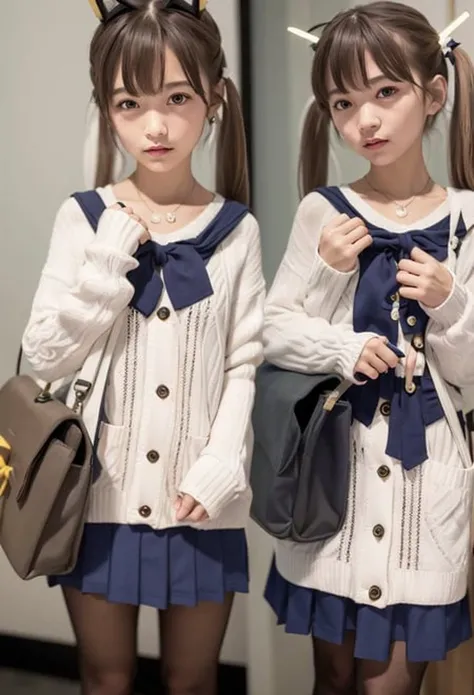 detailed,8k, detailed shadow, looking at viewer,
bag, school bag, 1girl, twintails, skirt, halo, pantyhose, school uniform, long hair, solo, long sleeves, low twintails, pleated skirt, bow, looking at viewer, serafuku, thighband pantyhose, sailor collar, very long hair, brown hair, shoulder bag, yellow bow, black legwear, charm \(object\), cardigan, bag charm, collarbone, black skirt, parted lips, blush, shirt, bangs, sleeves past wrists, hair ribbon, brown eyes
, <lora:BlueArchive_AjitaniHifumi:1> <lora:arknightsTexasThe_v10:0.35>, (masterpiece,best quality)