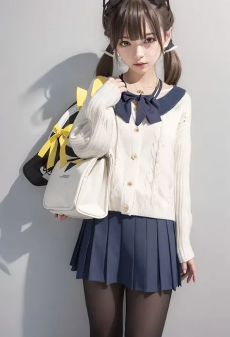 detailed,8k, detailed shadow, looking at viewer,

bag, school bag, 1girl, twintails, skirt, halo, pantyhose, school uniform, long hair, solo, long sleeves, low twintails, pleated skirt, bow, looking at viewer, serafuku, thighband pantyhose, sailor collar, very long hair, brown hair, shoulder bag, yellow bow, black legwear, charm \(object\), cardigan, bag charm, collarbone, black skirt, parted lips, blush, shirt, bangs, sleeves past wrists, hair ribbon, brown eyes

 , <lora:BlueArchive_AjitaniHifumi:1>  <lora:arknightsTexasThe_v10:0.35>, (masterpiece,best quality)