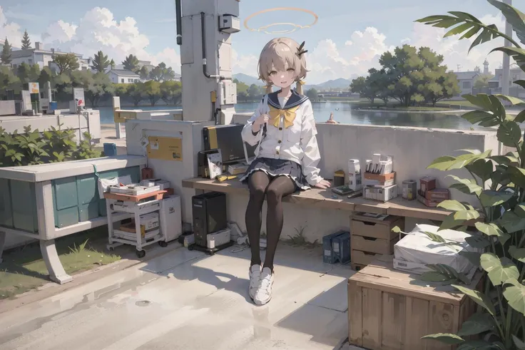 (masterpiece),(best quality), (absurdres),(highres:1.1), outdoors, ocean, beach, horizon, cloudy sky, ((1girl)), hifumi \(blue archive\), (solo), sitting, (panties under pantyhose), white panties, looking at viewer, school uniform, pleated skirt, (halo), low twintails, collarbone, light brown hair, yellow eyes, (black pantyhose:1.2), light smile, blush, <lora:bluearchive_Ajitanihifumi:1>,