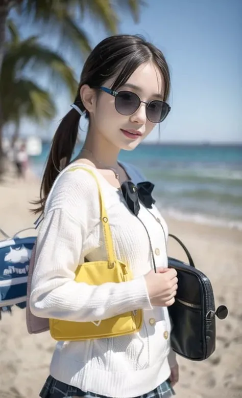 <lora:bluearchive_Ajitanihifumi:0.95>,school_girl,student,school_bag,best quality,8k,hires,photo,1 girl,blonde hair,1 sunglasses,sunglasses on hair,cute,twin horse tail,fatty,18 years old,pale skin,looking at the viewer,upper body,smile,birds flying,sweater,beachfront,ocean, Plush toys,tiny,short,<lora:koreanDollLikeness_v15:0.3> <lora:japaneseDollLikeness_v10:0.3>